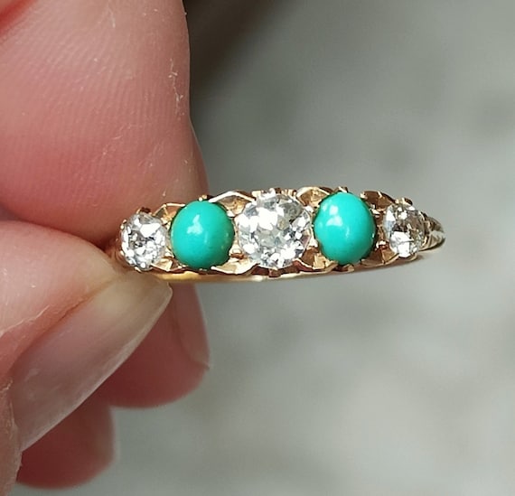 Edwardian 18ct Gold Turquoise Diamond Five Stone … - image 4