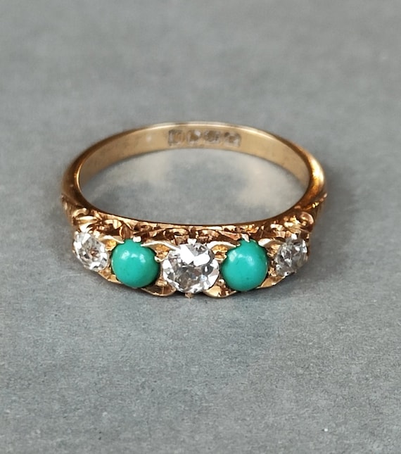 Edwardian 18ct Gold Turquoise Diamond Five Stone … - image 9