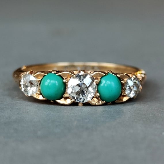 Edwardian 18ct Gold Turquoise Diamond Five Stone … - image 10