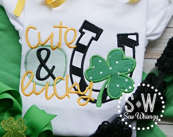 Camisa de la suerte y linda- Camiseta del Día de San Patricio- Trébol de trébol- Camisa Apliques de San Patricio- Camisa del Día de San Patricio para niñas- Camiseta de duende de la suerte