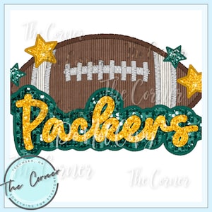 May include: Green and gold glitter design with the word "Packers" and a brown football with white laces.