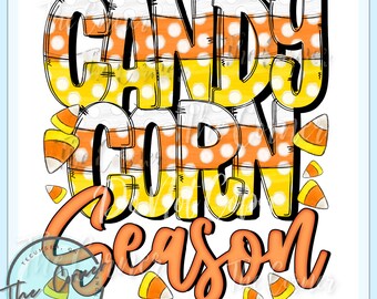 Op de afbeelding: Candy corn-afbeelding met de tekst "Candy Corn Season" in oranje, geel en wit met zwarte contouren. De afbeelding is omringd door candy corn.