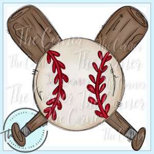May include: A white baseball with red stitching and a brown wooden baseball bat on each side. The bats are crossed in the middle.