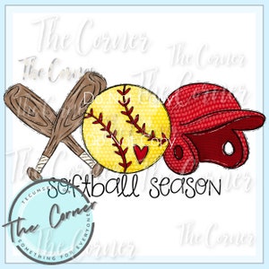 May include: A yellow softball with red stitching, two brown baseball bats crossed over each other, and a red baseball catcher's helmet. The text "Softball season" is written in black below the items.