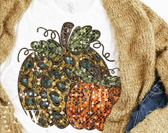 Fall Pumpkin shirt- Faux Sequin Pumpkin shirt- Adult pumpkin tee- Thanksgiving shirt- Leopard Pumpkin Fall shirt- Fall shirt- Adult fall tee