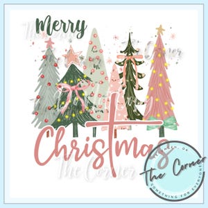 May include: A Christmas greeting with the text "Merry Christmas" in pink lettering. The greeting is surrounded by five stylized Christmas trees with pink, green, and white accents. The trees are decorated with pink bows, lights, and ornaments.