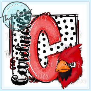 Peut inclure: Un design graphique rouge et noir avec une grande lettre "C" et un cardinal rouge. L'arrière-plan est un motif de pois noirs et blancs. Le texte "Cubs" est écrit en cursive noire.