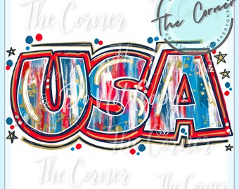 May include: USA in bold, white letters with red, white, and blue paint splatters and gold accents. The letters are outlined in black and gold. The background is white with red, white, and blue dots.