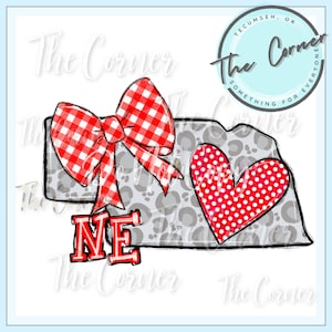 May include: A grey outline of the state of Nebraska with a red and white gingham bow, a red heart with white polka dots, and the letters "NE" in red. The background is a grey and white leopard print.