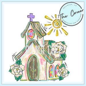 May include: A whimsical illustration of a church with a purple cross, a yellow sun, and white flowers. The church has a brown roof and door, with colorful stained-glass windows. The text "The Corner" and "Tecumseh, OK" are in a circle.