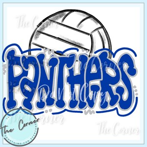 May include: A blue and gray graphic design with the word "Panthers" in a stylized font. A black and white sketch of a volleyball is behind the word.