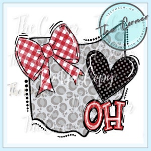 May include: A gray and white leopard print Ohio state outline with a red and white gingham bow, a black and white polka dot heart, and the word "OH" in red letters.