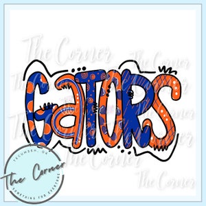 May include: A colorful graphic design of the word "GATORS" in orange, blue, and white. The letters are outlined in black and have a variety of patterns and designs.