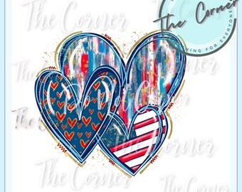 May include: Two overlapping hearts with a red, white, and blue patriotic design. The hearts are outlined in gold and have a distressed, textured look. The background is white.