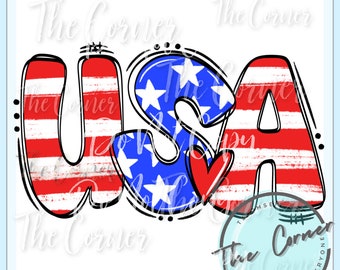 May include: USA in red, white, and blue with a star-spangled design. The letters are outlined in black and have a distressed look.