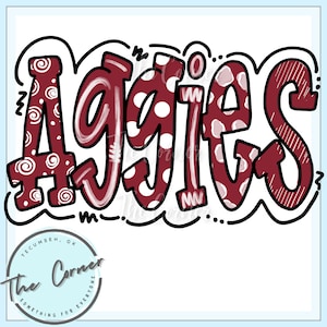May include: A maroon and white patterned word art design that says "Aggies".