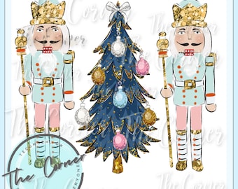 May include: Two blue and white nutcracker figurines with gold accents stand on either side of a blue Christmas tree with gold glitter and pink, white, and gold ornaments. The text "The Corner" is at the bottom of the image.