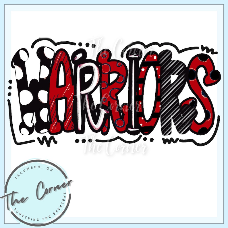 May include: Red, black, and white stylized text that reads "WARRIORS" with a polka dot, striped, and circle pattern.