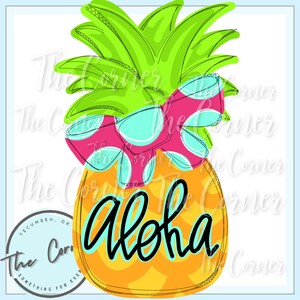 May include: A whimsical pineapple design with a bright yellow body, green leafy top, and a pink bow with blue polka dots. The word "Aloha" is written in black script across the pineapple.