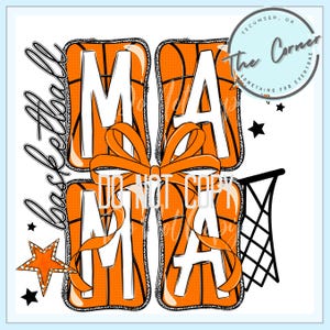Puede incluir: Diseño gráfico con la palabra "MAMA" en letras blancas grandes, sobre un fondo de textura de baloncesto. Una cinta naranja está centrada, con la palabra "Basketball" y estrellas. También se incluye una red de baloncesto.