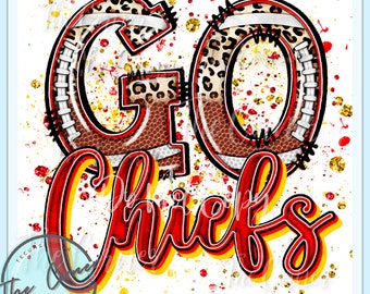 May include: A red and yellow graphic with the words "GO" and "Chiefs" in a stylized font. The "GO" is made up of two footballs with a leopard print pattern and white stitching. The background is white with red and gold splatters.
