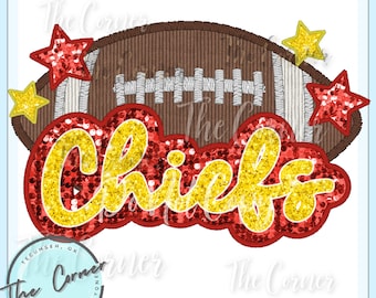 May include: A red and gold glitter design with the word "Chiefs" in a cursive font. The design includes a brown and white football and red and gold stars.