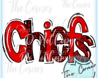 Puede incluir: Arte de palabras "Chiefs" en rojo y negro con un logotipo circular rojo, blanco y azul en la esquina inferior derecha. El arte de las palabras presenta una variedad de patrones y texturas.