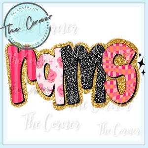 May include: A vibrant graphic of the word "Rams" with a gold glitter border. The letters feature diverse patterns: pink stripes, cupcake motifs, and a black and white speckled design. The design is set against a light blue backdrop.