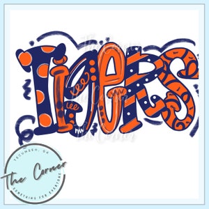 Könnte beinhalten: Orangefarbenes und marineblaues Grafikdesign des Wortes "Tigers" mit einem Punkt- und Streifenmuster.