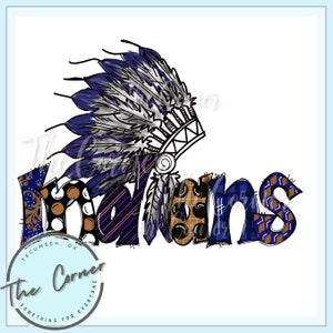 May include: A blue and brown graphic design of the word "Indians" with a blue and white headdress above the word. The word is made up of different patterns and textures.