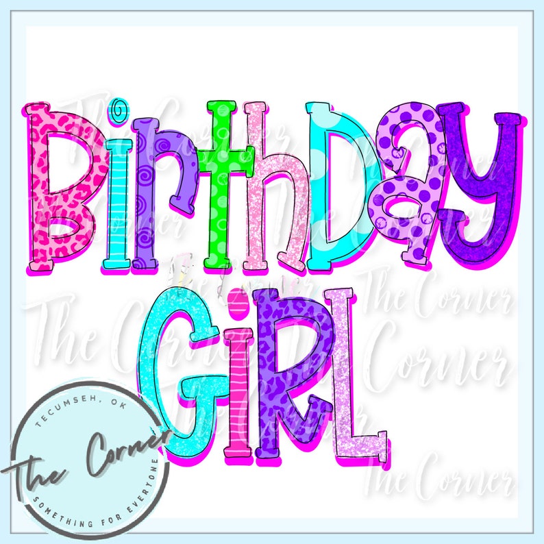 Puede incluir: Gr&aacute;fico de cumplea&ntilde;os para ni&ntilde;a colorido con un esquema de color rosa, azul, verde, morado y blanco. El texto "Birthday Girl" est&aacute; en una fuente en negrita y juguetona.