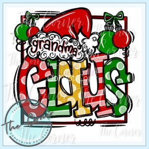 May include: A colourful Christmas design featuring the words "grandma claus" in a festive font. The letters are decorated with red and white stripes, green and white polka dots, and yellow and red stripes. A red Santa hat with white trim sits above the words.