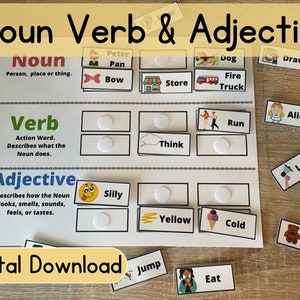 Noun, Verb, and Adjective Practice Busy Book Page, Binder Page, Matching and Grouping Activity for Preschool and Kindergarten, Printable