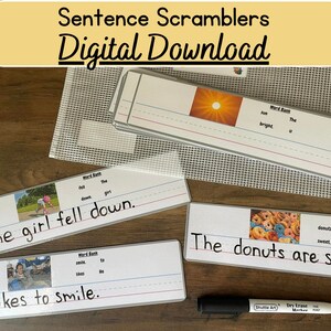 May include: Four printable sentence scramblers for kids. Each card features a picture and a word bank. The cards are white with gray borders. The text on the cards reads: "The girl fell down." "He likes to smile." "The donuts are sweet." and "The sun is bright."