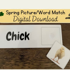 May include: A white card with the word "Chick" printed in black. A separate white card with a picture of a yellow chick. This is a digital download for a spring picture and word matching game.