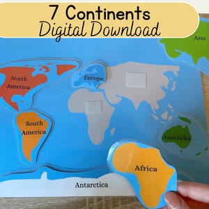 Digitaler Download - 7 Kontinente unserer Welt, beschäftigte Buchseite, Dateiordner-Aktivität, Geographie-Matching, Weltkarten-Puzzle für Kinder