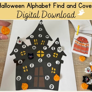 May include: A printable Halloween alphabet find and cover activity featuring a black and white illustration of a haunted house with letters on each window and door. The activity includes a set of small Halloween-themed tokens, including pumpkins, ghosts, and bats, to cover the letters.