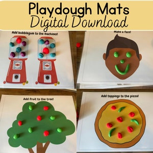 May include: Four printable playdough mats with different themes: a gumball machine, a face, a pizza, and a tree. Each mat has a title and instructions for adding playdough to the different shapes.