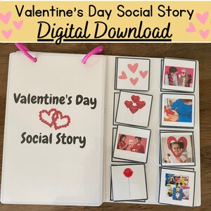 Può includere: Un libro di storia sociale di San Valentino con cuori rosa e un titolo che dice "Valentine's Day Social Story". Il libro ha diverse pagine con immagini di persone che celebrano San Valentino.