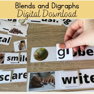 Puede incluir: Un conjunto de tarjetas de fonética imprimibles para enseñar combinaciones y dígrafos. Las tarjetas presentan imágenes y palabras como spider, smile, globe, write y scare.