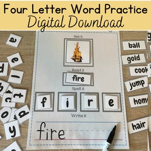 Descarga digital, práctica de palabras de cuatro letras, ortografía, coincidencia de imágenes, lectura, escritura, borrado en seco imprimible