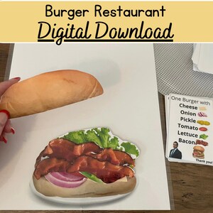 May include: A printable set of digital download images for a pretend burger restaurant. The set includes a burger, bun, cheese, onion, pickle, tomato, lettuce, bacon, and a thank you card.