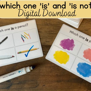 May include: Two printable cards for a learning game. The first card asks "Which one is a pencil?" and shows a pen, a set of crayons, and a pencil. The second card asks "Which one is purple?" and shows a purple, yellow, pink, and blue watercolor cloud.