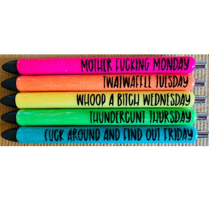 Custom Profanity Days of the Week Glitter Pens -Custom Glitter Gel Pen -  Refillable Glitter Pens - Black Ink Gel Pens - Custom Gifts - Gift