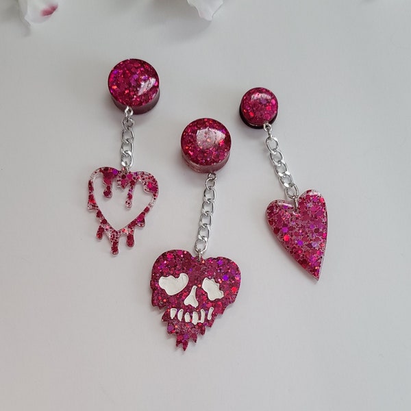 Chunky Glitter Dangle Plugs for Stretched Ears, Trippy Drip Gauges