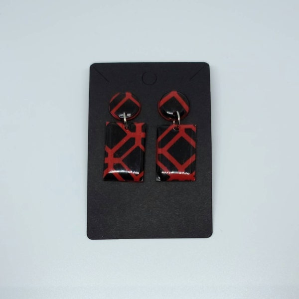 Small Drop Statement Earrings | Black and Red Geometric Pattern Earrings | Hand Painted Polymer Clay Resin Coated Stud Earrings