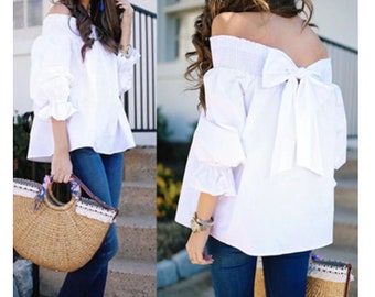 UK Womens Holiday Off Shoulder Ladies Casual Summer Tops T-Shirt Blouse Bowknots