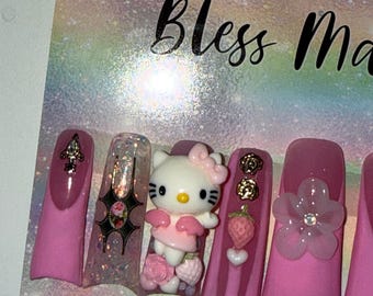 2XL Acrylic Duck Press On Nails - Strawberry Kawaii Kitty Dream Set | Pink Coquette Vintage Nails | Dark Pink Acrylic Nails