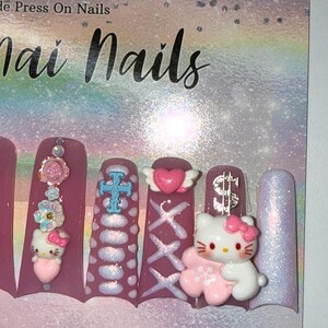 2XL Acrylic Duck Nails - Kawaii Kitty Sharp Mooncut Nails | Handdrawn Art with Croc Print, Dainty Charms & Iridescent Shimmer image 2