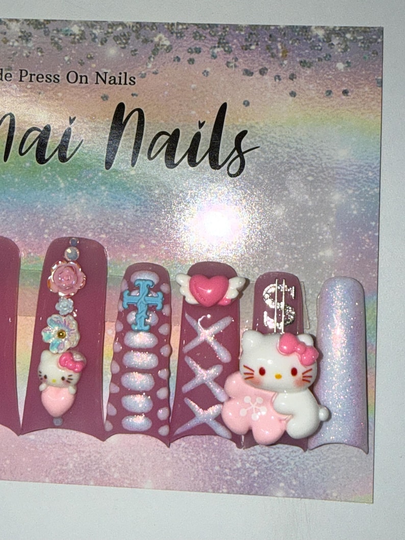 2XL Acrylic Duck Nails - Kawaii Kitty Sharp Mooncut Nails | Handdrawn Art with Croc Print, Dainty Charms & Iridescent Shimmer image 2